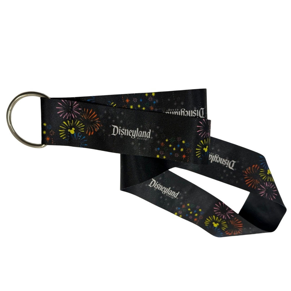 Disneyland Resort Fireworks Mickey Mouse Black Lanyard Pin Trading D-Ring Strap